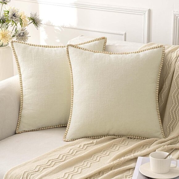 Pack of 2 Cream White Chenille Throw Pillow Covers 20x20 Farmhouse Stitched Edge - Picture 1 of 6